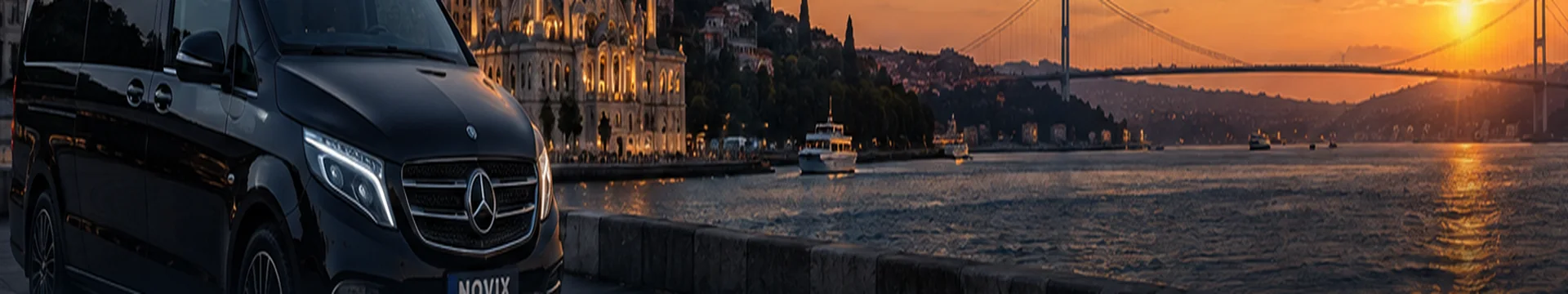Novix-branded transfer van with the Istanbul Bosphorus skyline at sunset